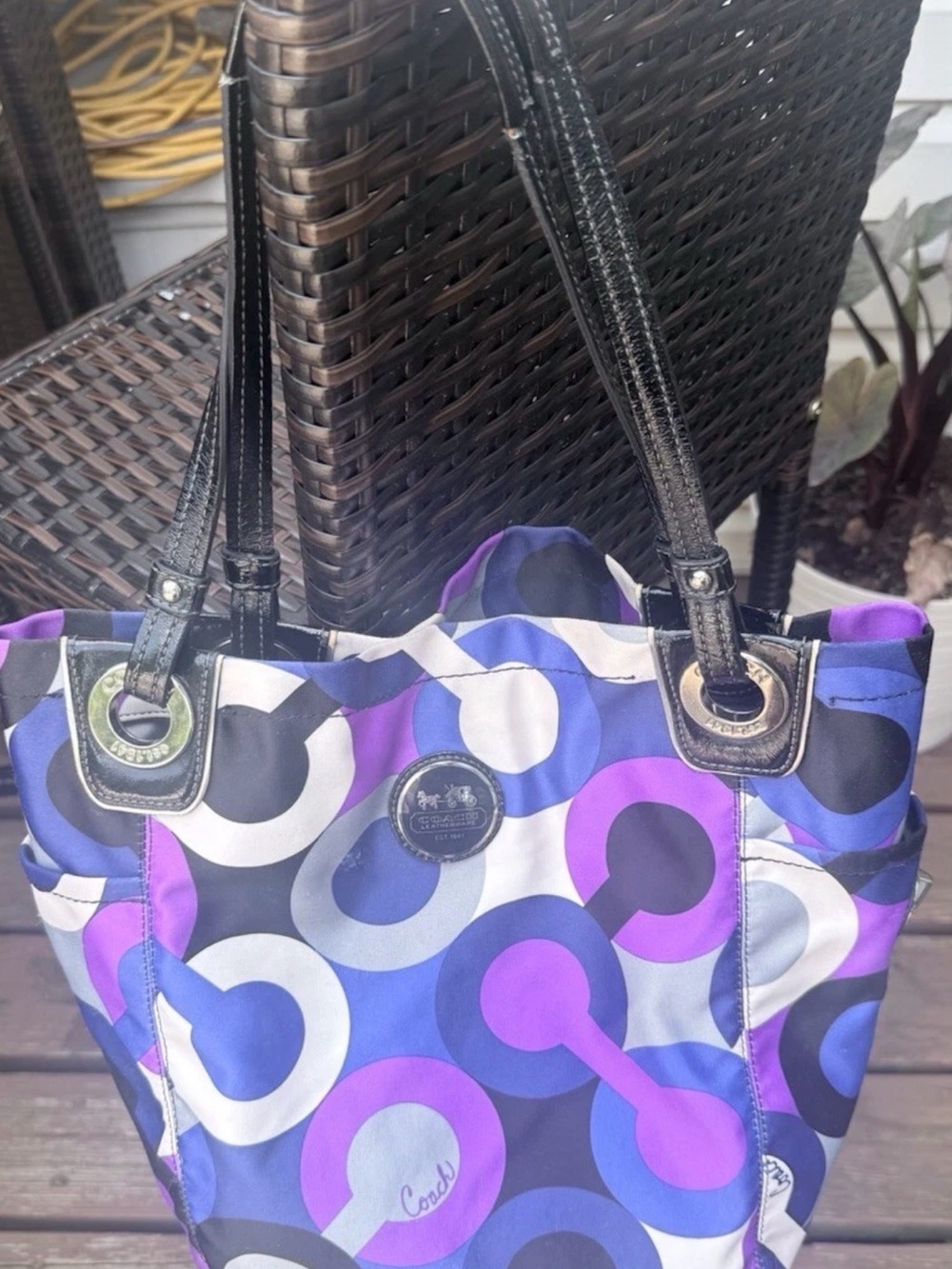 Coach Alex Op Art F14388 Geometric Blue,Purple & Black Tote Shoulder Bag